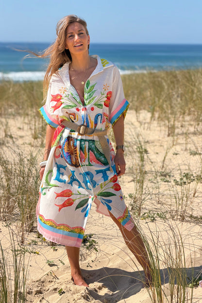 Vestido Camisa Largo Amplio Algodón Estampado Peace on Earth y Flores