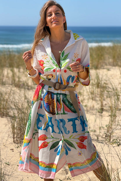 Vestido Camisa Largo Amplio Algodón Estampado Peace on Earth y Flores