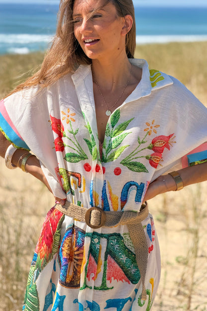 Vestido Camisa Largo Amplio Algodón Estampado Peace on Earth y Flores