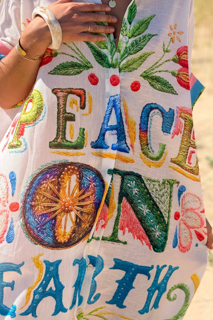 Vestido Camisa Largo Amplio Algodón Estampado Peace on Earth y Flores