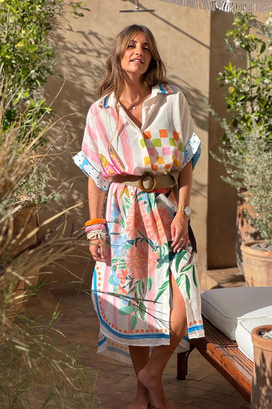 Vestido Camisa Largo Amplio Estampado Tucán y Mujer Acuarela
