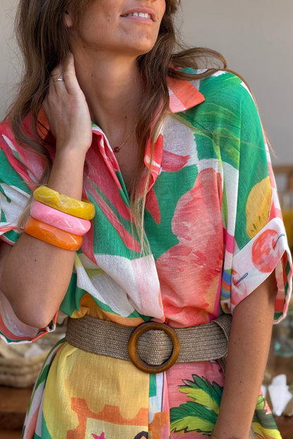 Vestido Camisa Largo Amplio Estampado Naranja y Verde Frutas y Flores