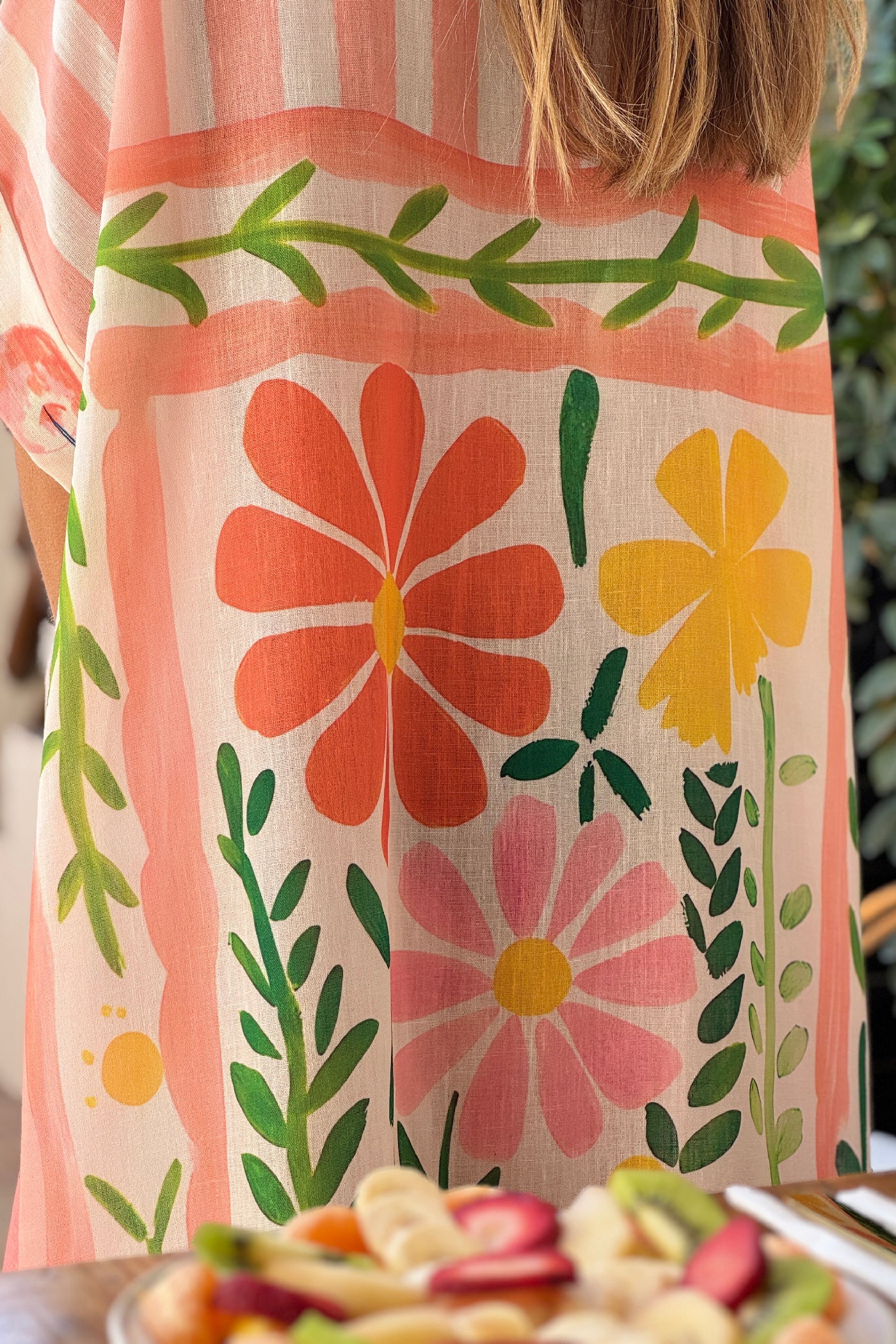 Vestido Camisa Largo Amplio Estampado Naranja y Verde Frutas y Flores