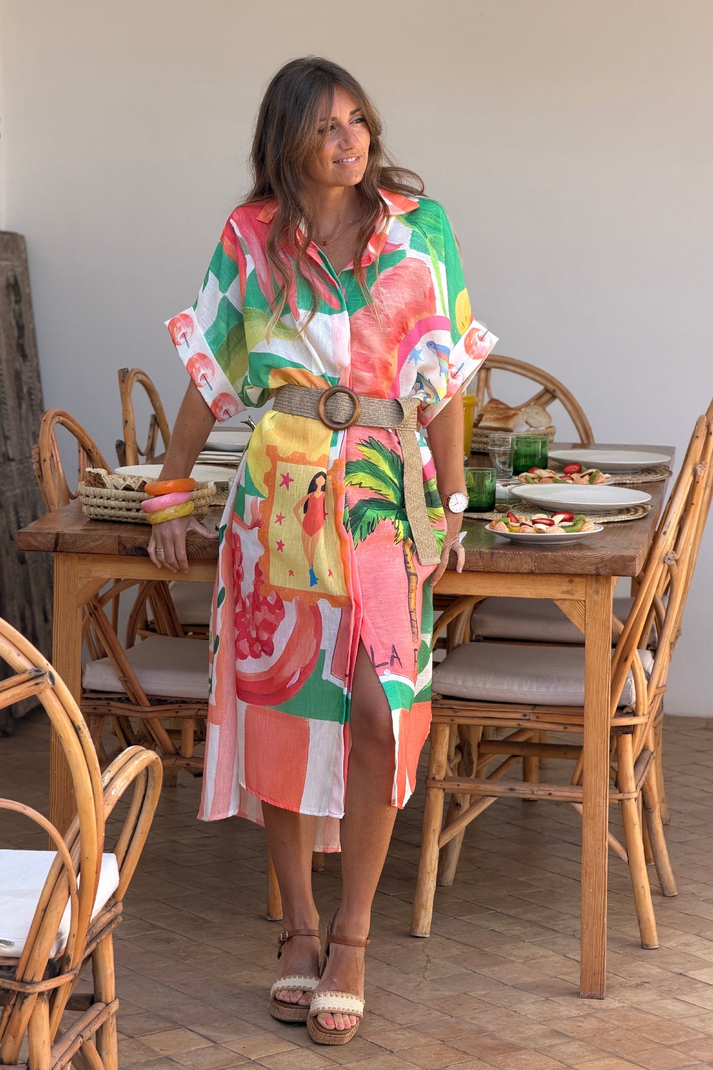 Vestido Camisa Largo Amplio Estampado Naranja y Verde Frutas y Flores