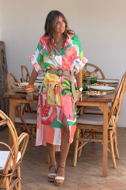 Vestido Camisa Largo Amplio Estampado Naranja y Verde Frutas y Flores