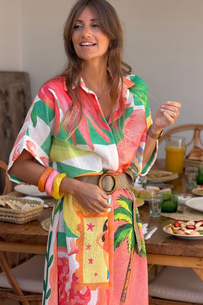 Vestido Camisa Largo Amplio Estampado Naranja y Verde Frutas y Flores
