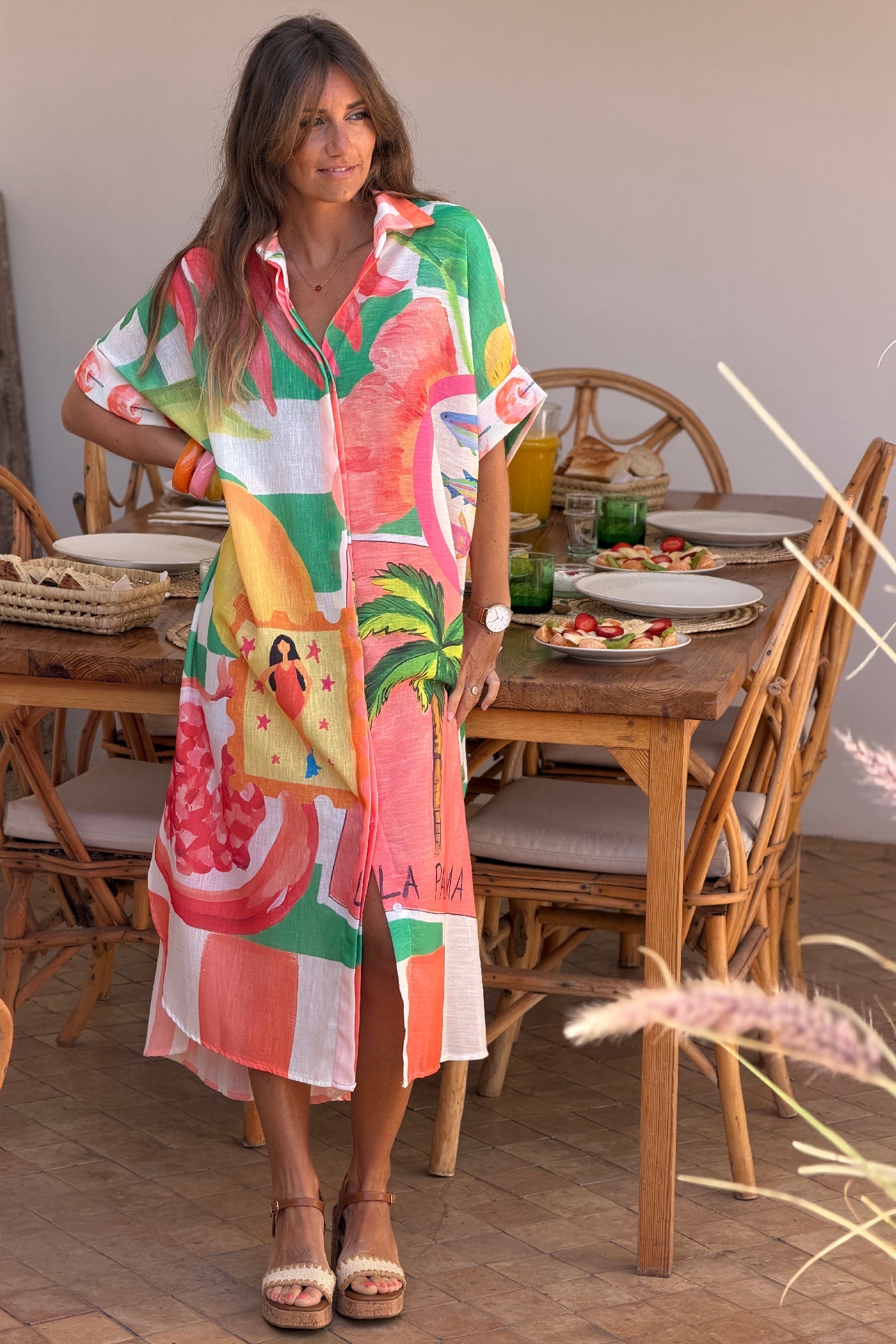 Vestido Camisa Largo Amplio Estampado Naranja y Verde Frutas y Flores