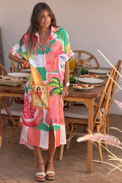 Vestido Camisa Largo Amplio Estampado Naranja y Verde Frutas y Flores