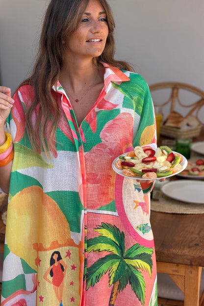 Vestido Camisa Largo Amplio Estampado Naranja y Verde Frutas y Flores