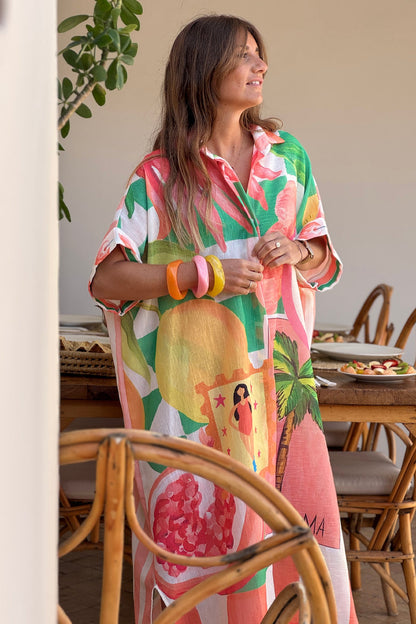 Vestido Camisa Largo Amplio Estampado Naranja y Verde Frutas y Flores