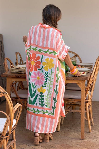 Vestido Camisa Largo Amplio Estampado Naranja y Verde Frutas y Flores