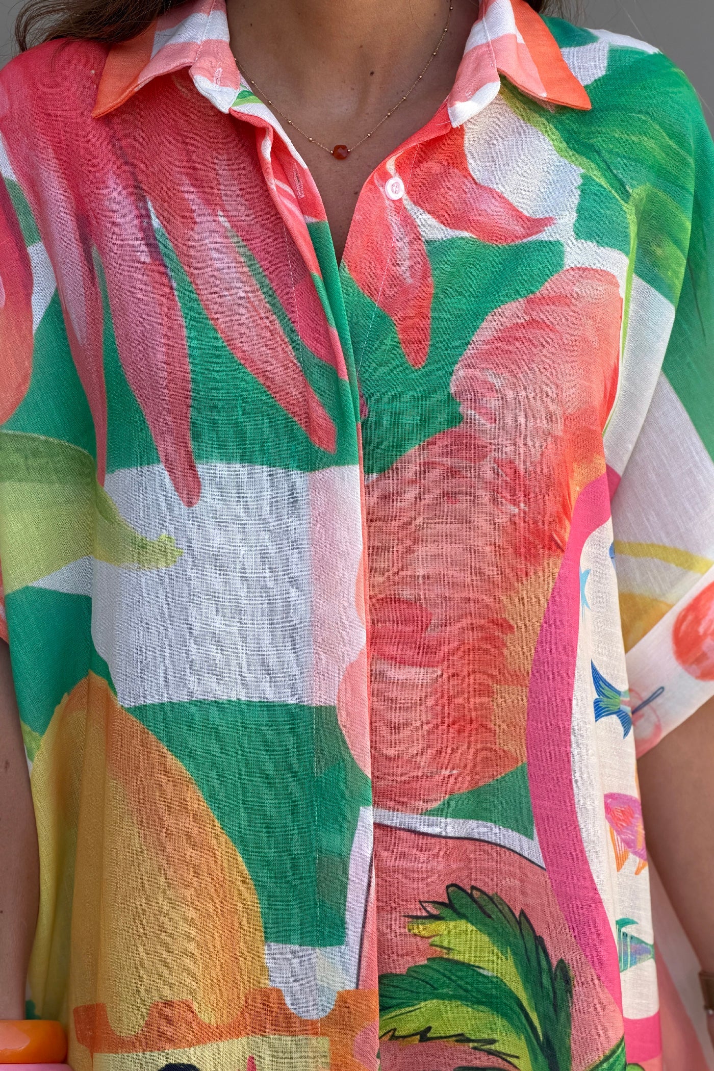 Vestido Camisa Largo Amplio Estampado Naranja y Verde Frutas y Flores