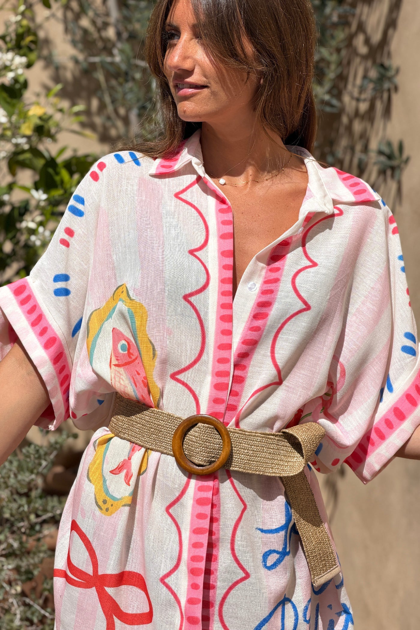 Vestido Camisa Largo Amplio Pequeños Dibujos Rosa Dolce Vita