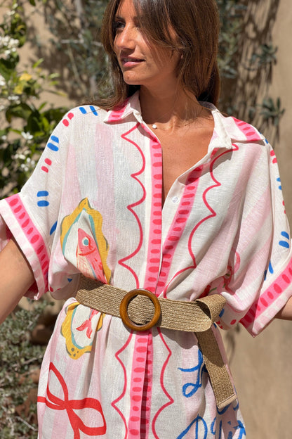 Vestido Camisa Largo Amplio Pequeños Dibujos Rosa Dolce Vita