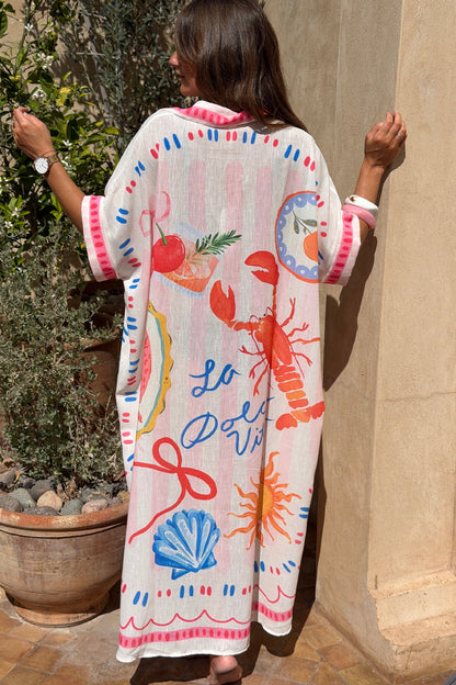 Vestido Camisa Largo Amplio Pequeños Dibujos Rosa Dolce Vita