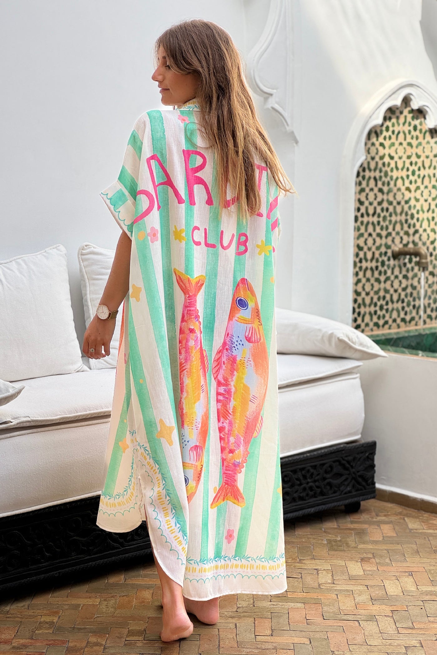 Vestido Camisa Largo Amplio Estampado Sardinas y Rayas Verde Agua