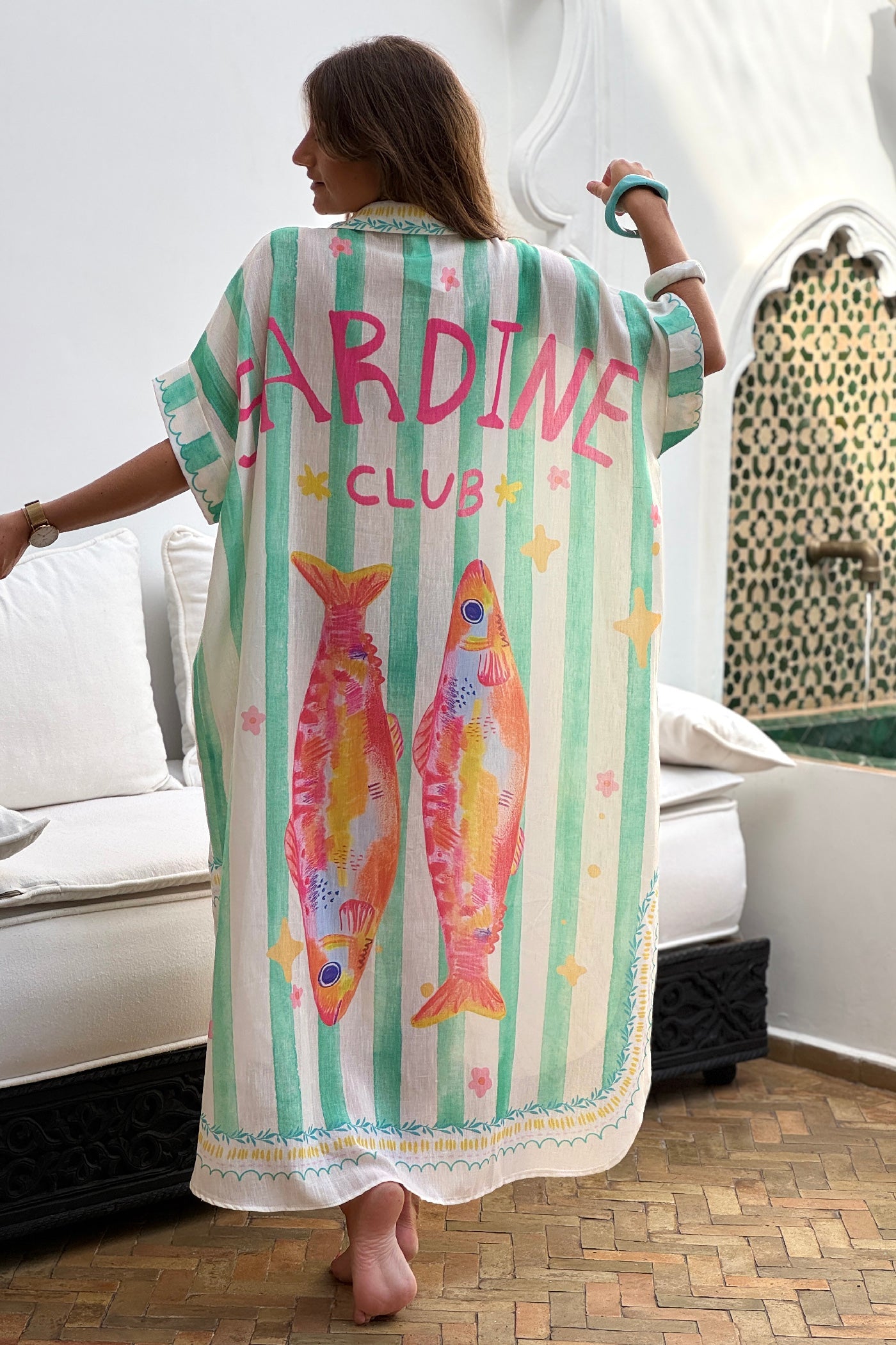 Vestido Camisa Largo Amplio Estampado Sardinas y Rayas Verde Agua