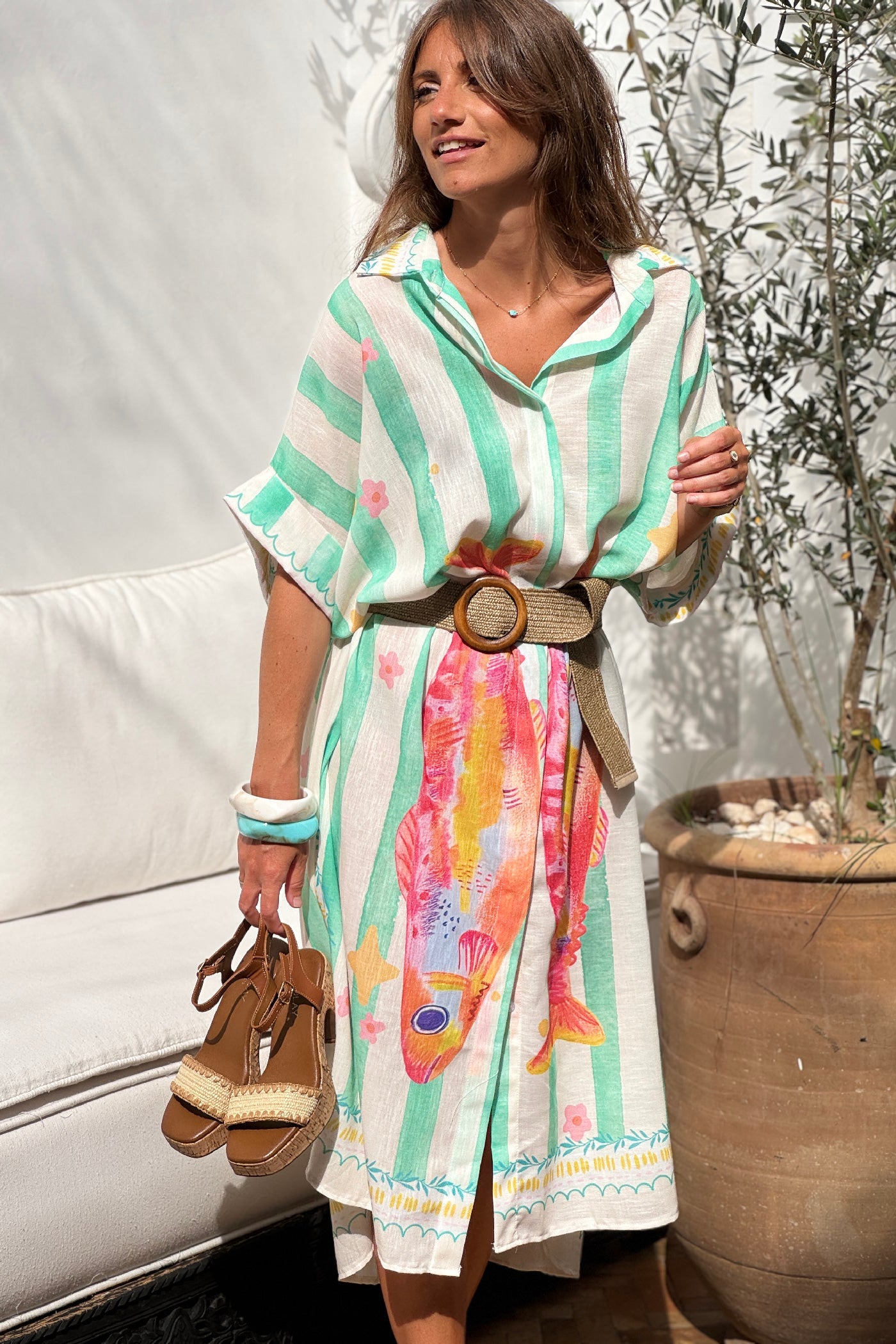Vestido Camisa Largo Amplio Estampado Sardinas y Rayas Verde Agua