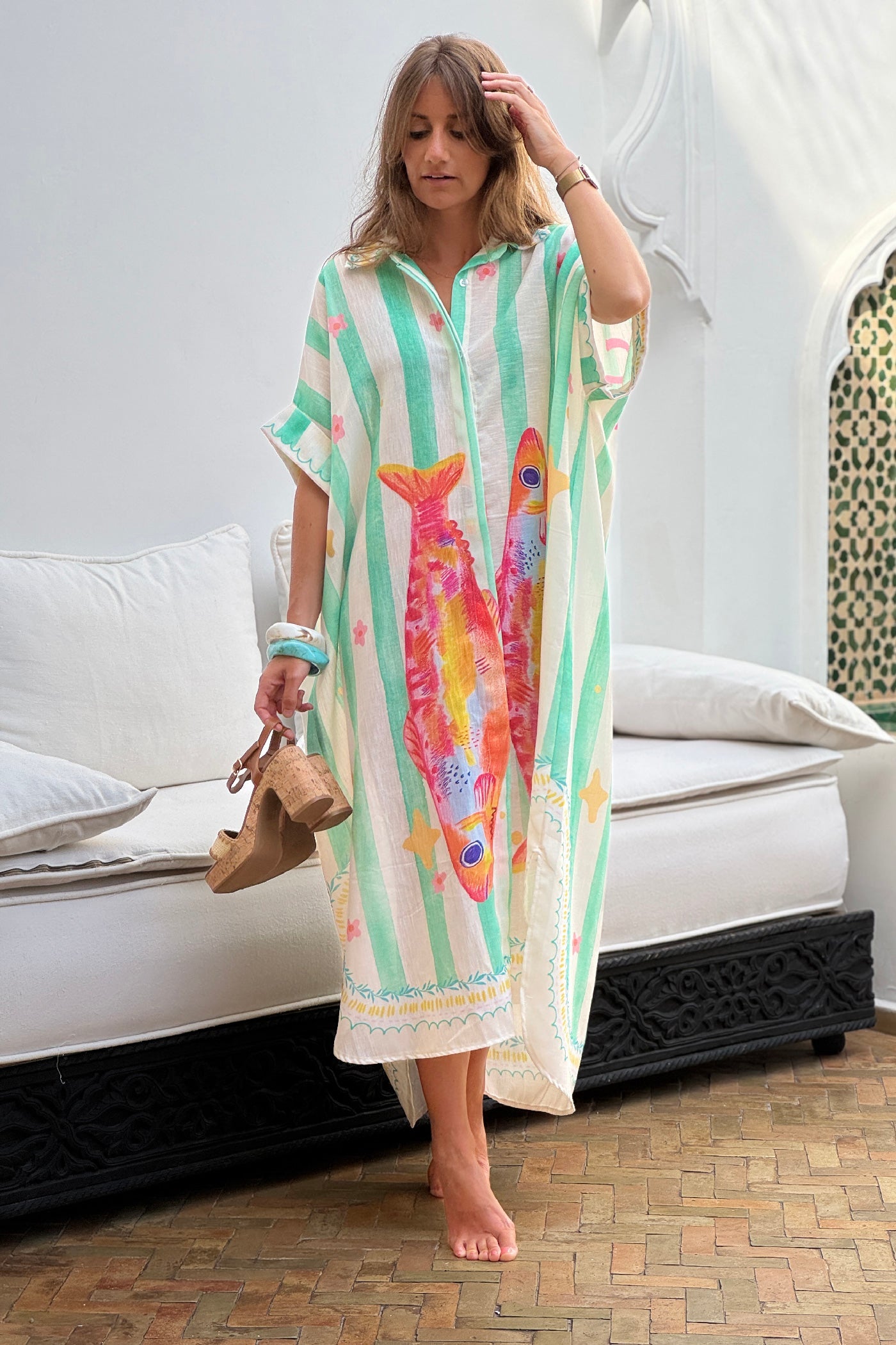 Vestido Camisa Largo Amplio Estampado Sardinas y Rayas Verde Agua
