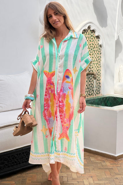 Vestido Camisa Largo Amplio Estampado Sardinas y Rayas Verde Agua