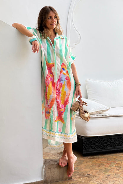 Vestido Camisa Largo Amplio Estampado Sardinas y Rayas Verde Agua