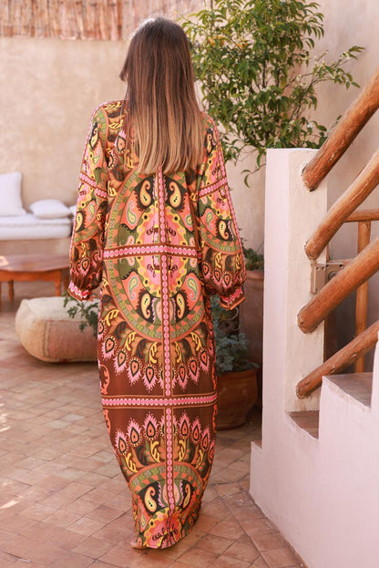 Vestido Camisa Largo Marrón Tacto Seda Estampado Cachemira