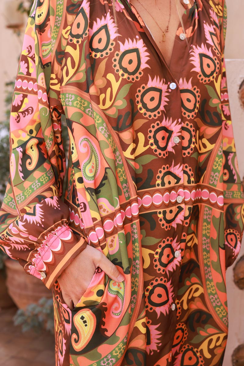 Vestido Camisa Largo Marrón Tacto Seda Estampado Cachemira