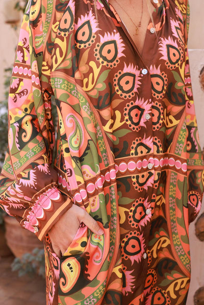 Vestido Camisa Largo Marrón Tacto Seda Estampado Cachemira