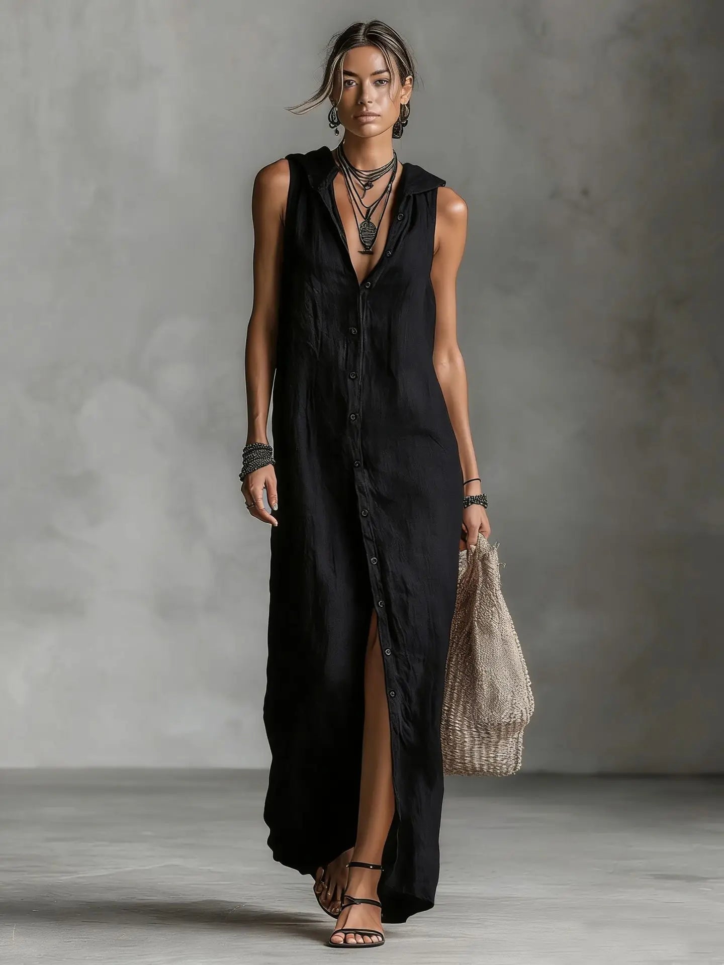 Vestido Algodón Lino Capucha