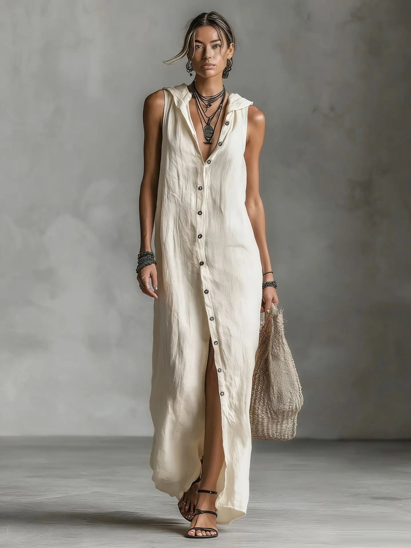 Vestido Algodón Lino Capucha