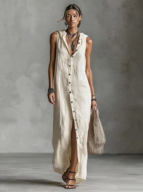Vestido Algodón Lino Capucha