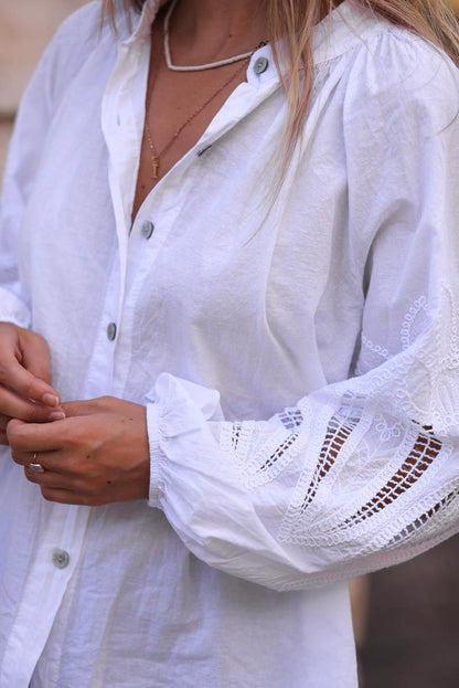 Camisa Túnica Blanca Botones Mangas Crochet