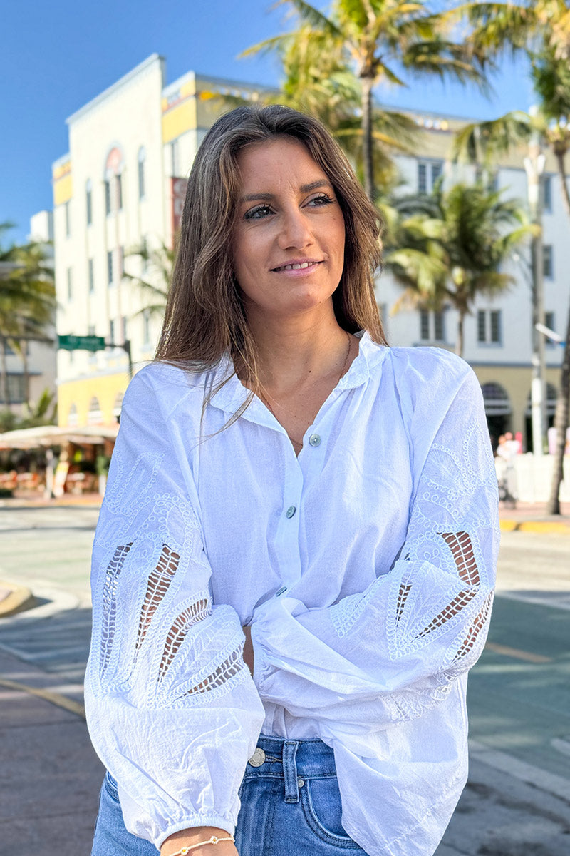 Camisa Túnica Blanca Botones Mangas Crochet