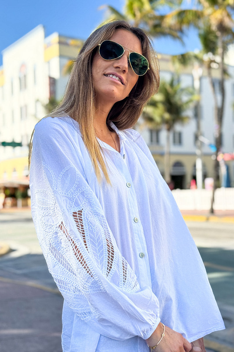 Camisa Túnica Blanca Botones Mangas Crochet