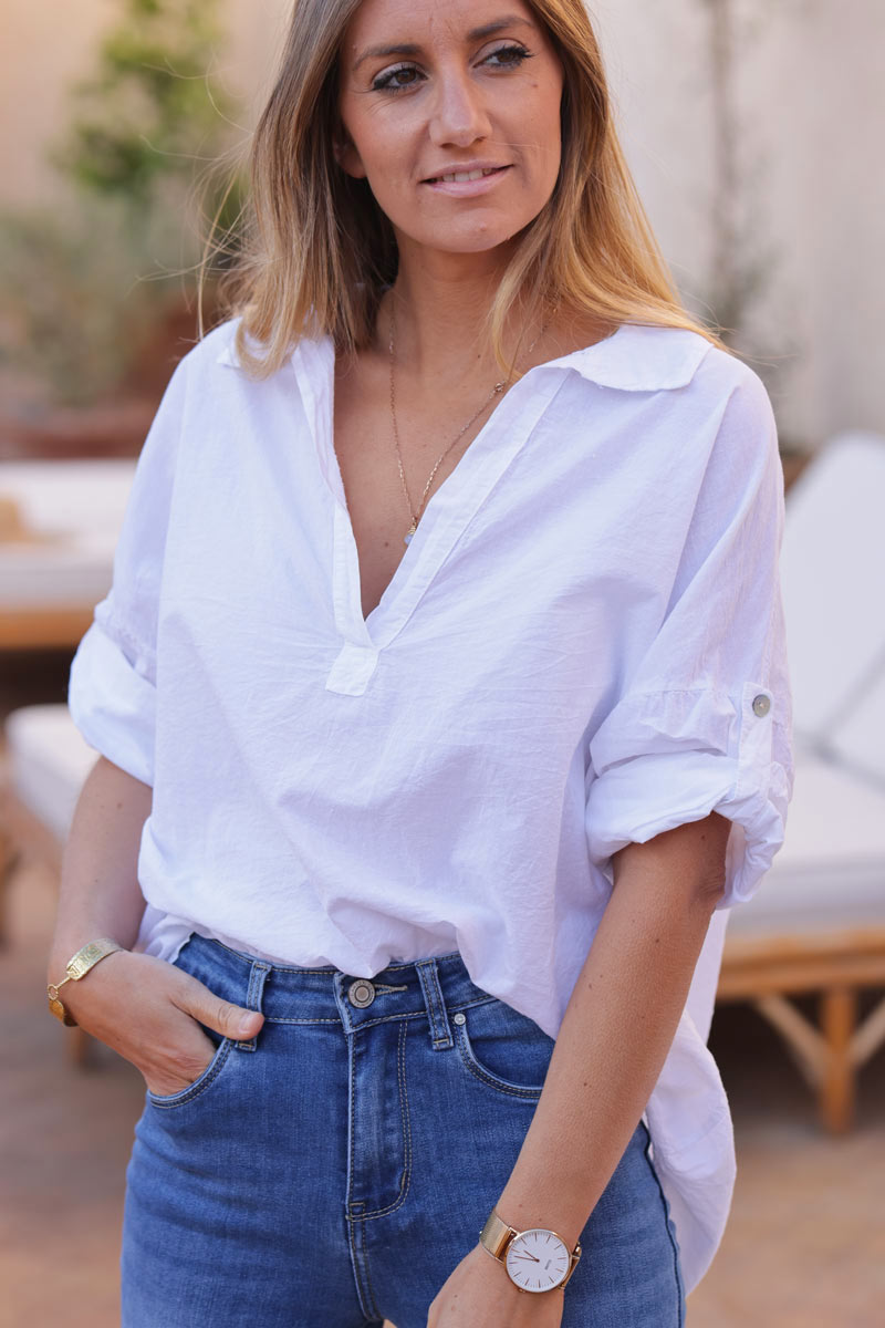 Túnica Blanca Algodón Cuello Camisa Mangas Enrollables