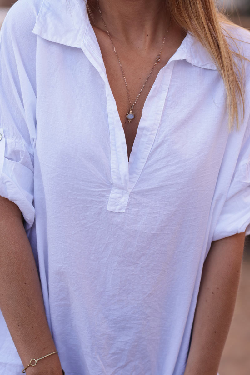 Túnica Blanca Algodón Cuello Camisa Mangas Enrollables