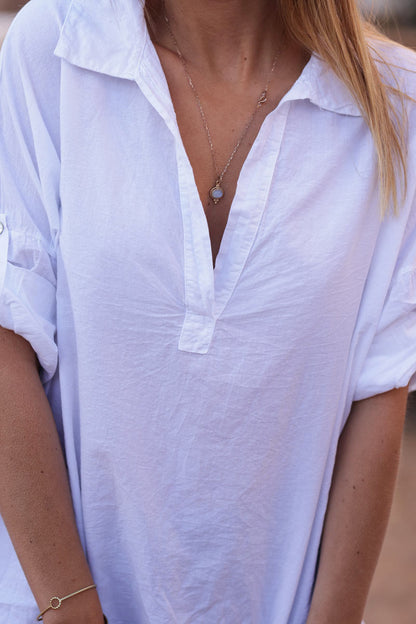 Túnica Blanca Algodón Cuello Camisa Mangas Enrollables