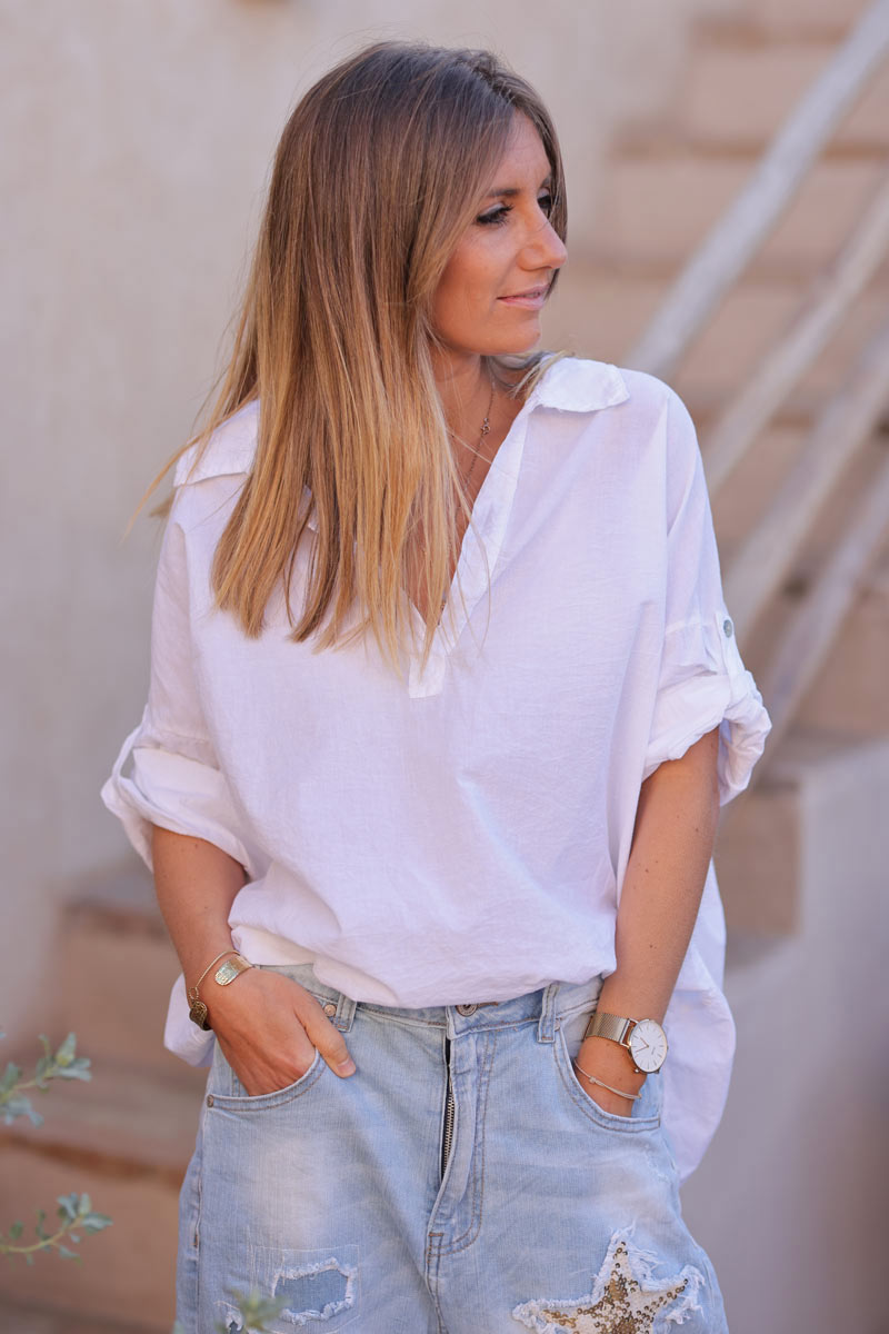 Túnica Blanca Algodón Cuello Camisa Mangas Enrollables