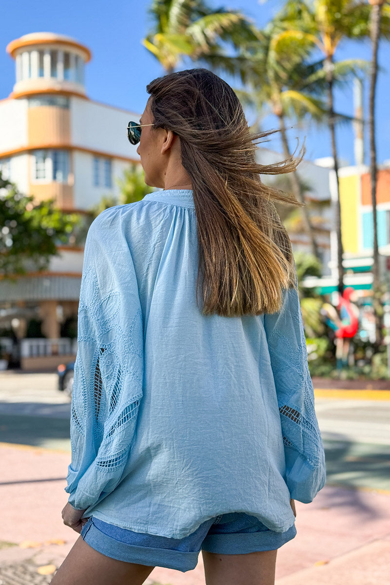 Camisa Túnica Azul Cielo Botones Mangas Crochet