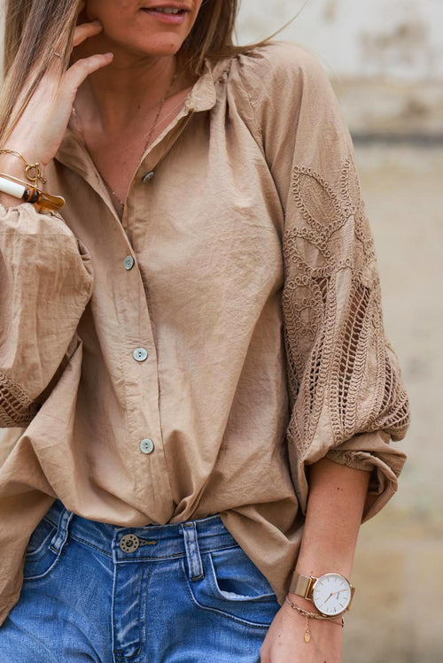 Camisa Túnica Camel Botones Mangas Crochet