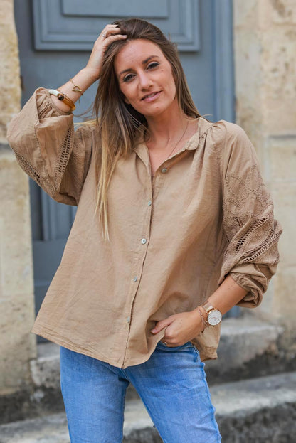 Camisa Túnica Camel Botones Mangas Crochet