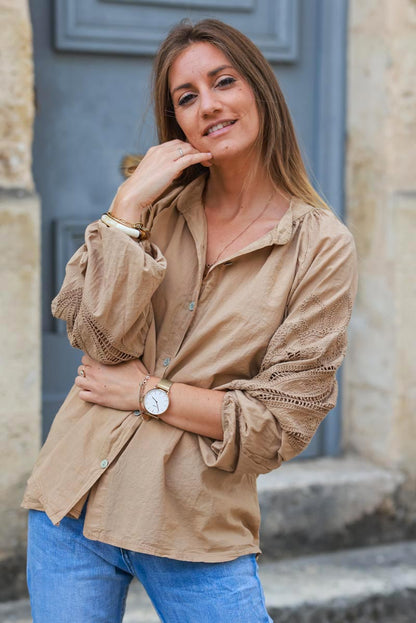 Camisa Túnica Camel Botones Mangas Crochet