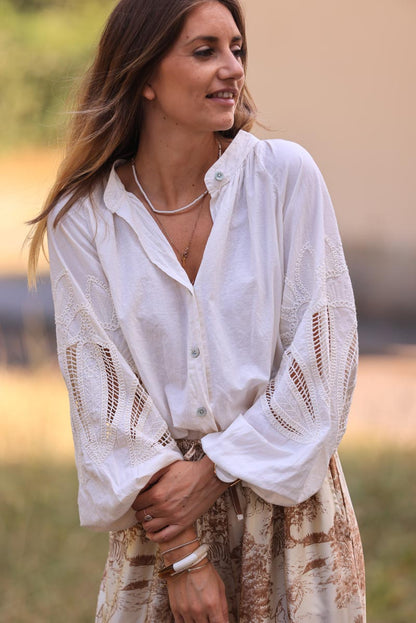 Camisa Túnica Cruda Botones Mangas Crochet