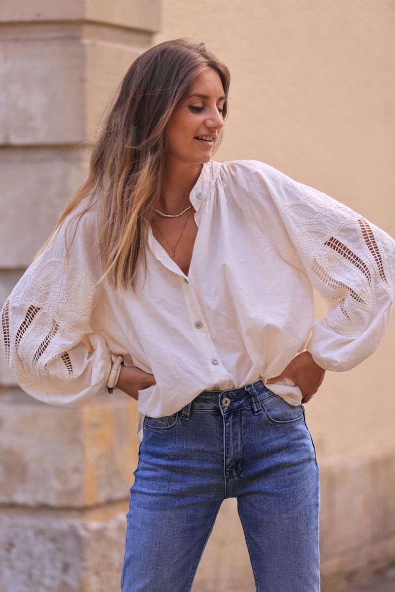 Camisa Túnica Cruda Botones Mangas Crochet