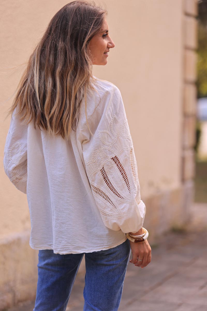 Camisa Túnica Cruda Botones Mangas Crochet