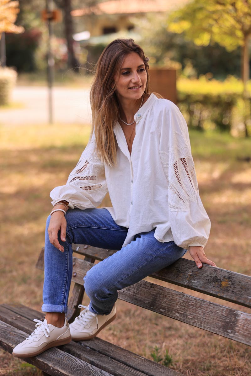 Camisa Túnica Cruda Botones Mangas Crochet