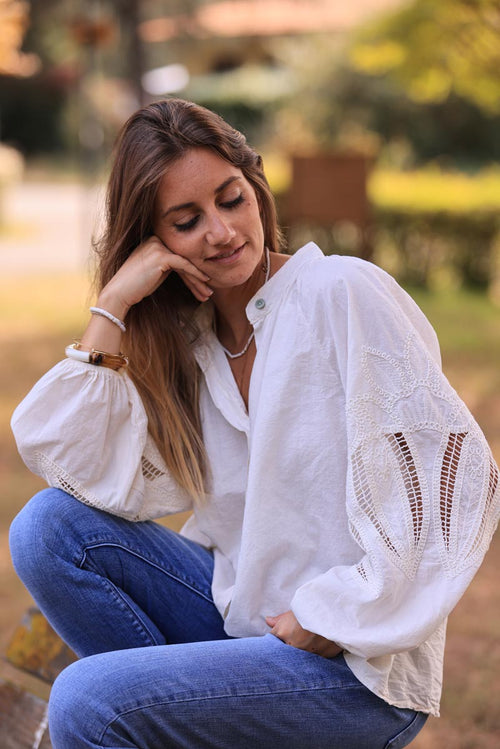Camisa Túnica Cruda Botones Mangas Crochet
