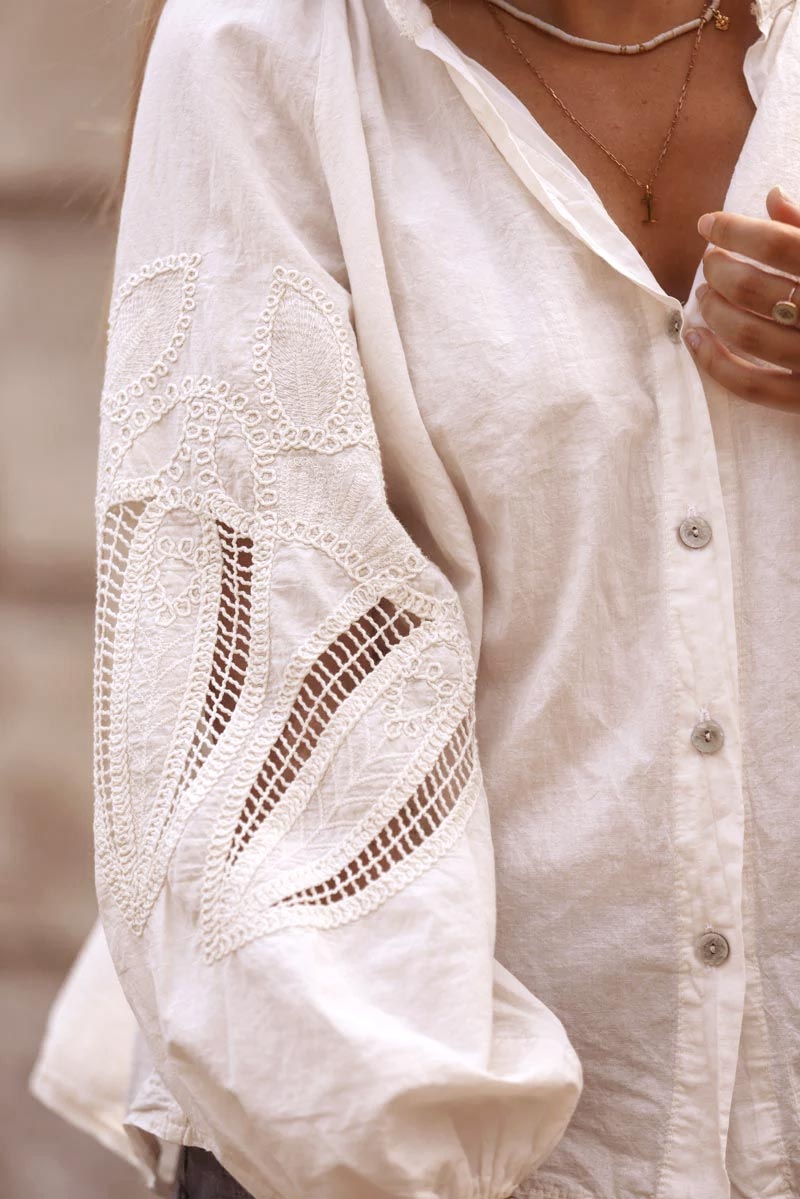 Camisa Túnica Cruda Botones Mangas Crochet