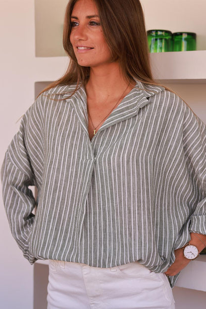 Túnica Amplia Kaki Rayas Blancas Cuello Camisa Mangas Largas