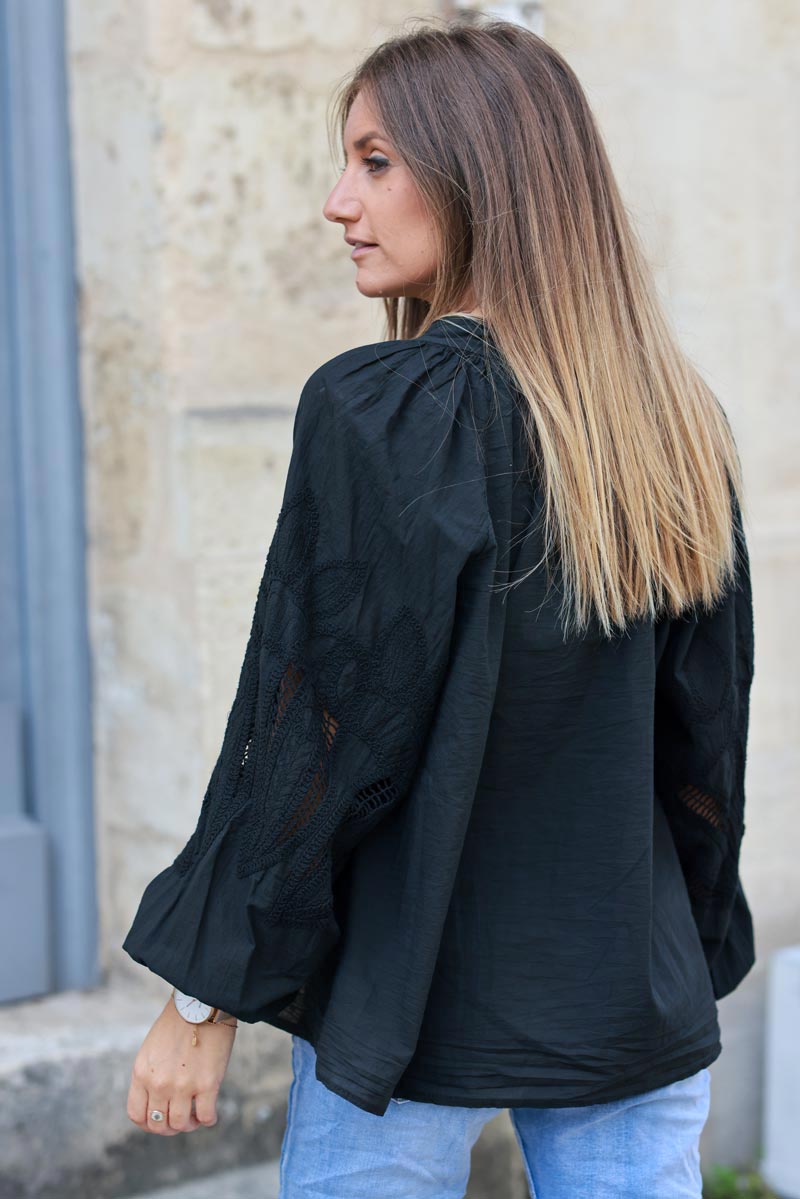 Camisa Túnica Negra Botones Mangas Crochet